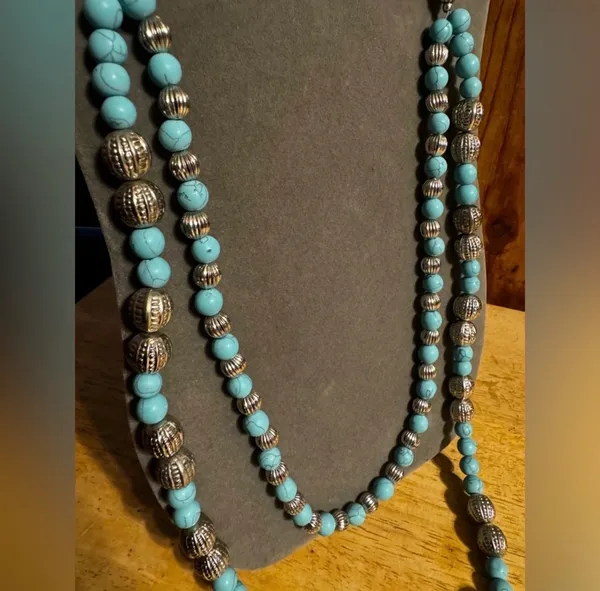 Fashion Long Beaded Statement Necklace Blue - Image 4