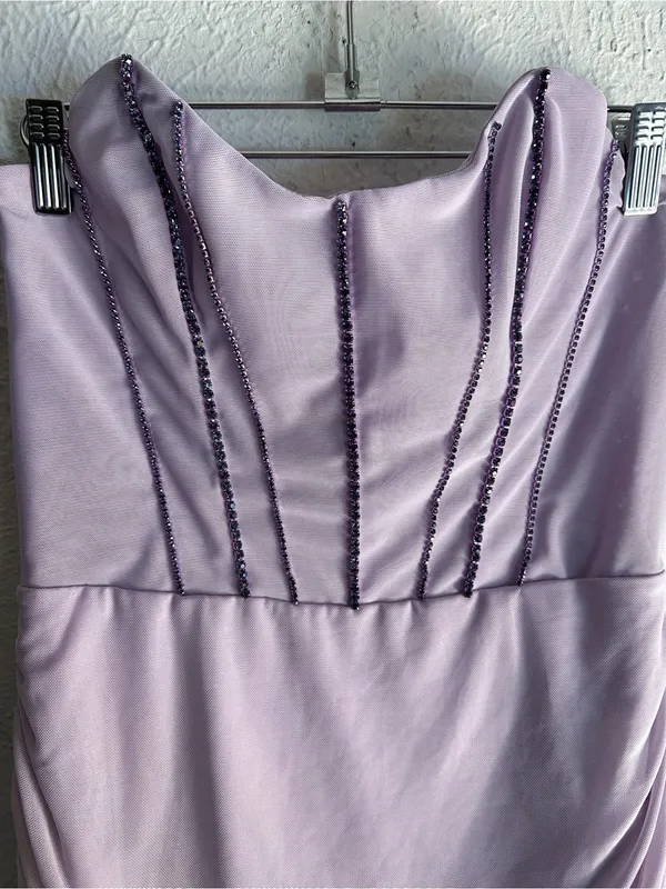 Oh Polly Agate Lilac Rhinestone Corset Ruched Strapless Mini Dress US 8 - Image 4