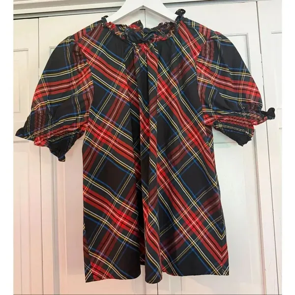 J.crew plaid ruffle neck puff sleeve top M Red Size M - Image 2