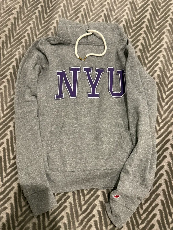 League Gray Hoodie Sweater with Purple NYU Lettering - Image 2
