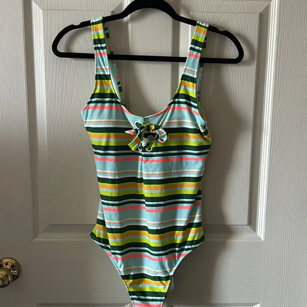AERIE Women’s Striped One Piece Tie Front‎ One Piece Bathing Suit Sz Large - Image 8