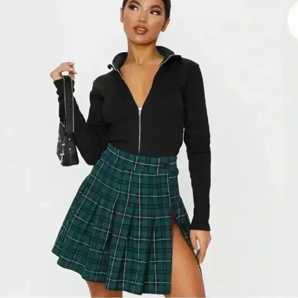 Pretty Little Thing PLT Green Check Tennis Side Split Mini Skirt 12 - Image 3