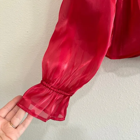 Lulus Red Organza Puff Sleeve Peplum Top Square Neck Shimmer Blouse Large‎ - Image 2
