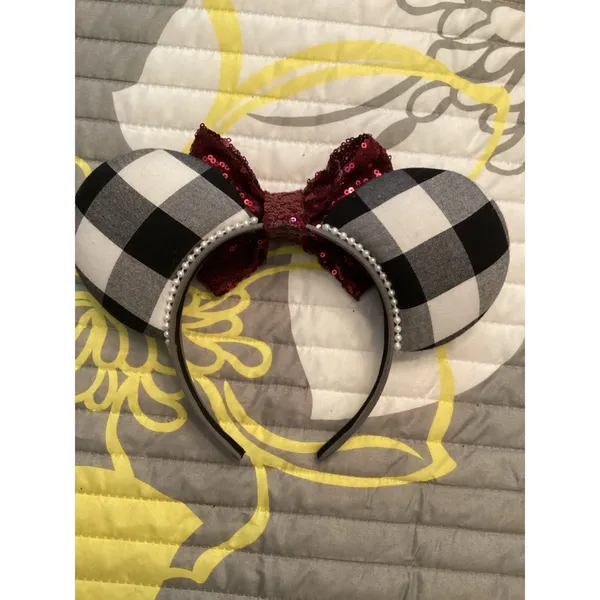 Handmade Disney Minnie Mouse Black White Buffalo Plaid Pattern Purple Sequin Ear - Image 2