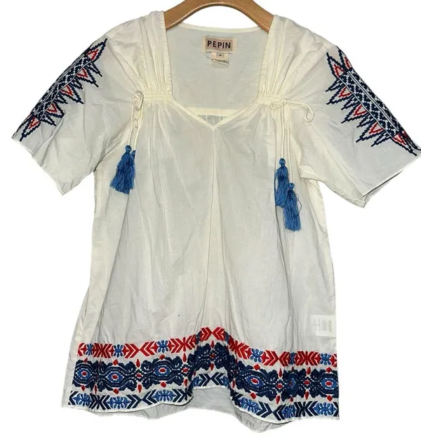 Anthropologie Pepin Women’s Size M White Red Blue Embroidered Cotton V-Neck Top - Image 5