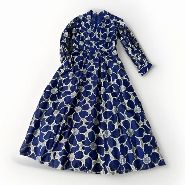 VTG CLIFTON WILHITE 18 Blue Metallic Floral Long Sleeve Gown Couture Dress - Image 13