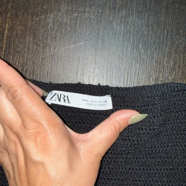 Zara Black Crochet Button-Front Crop Top with White Eyelet Ruffle - Image 2