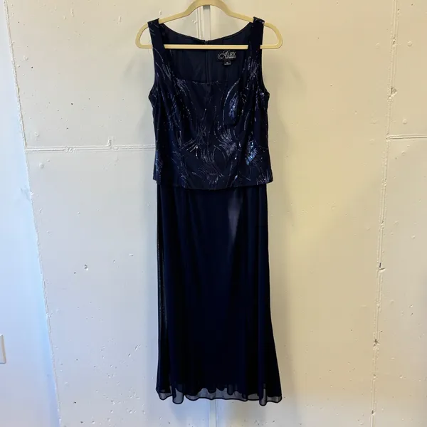 Alex Evenings Navy Blue Sequin 2 pc Dress Jacket Set Formal Mother of the Bride‎ - Image 2