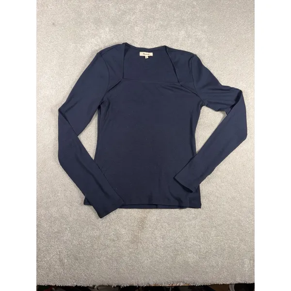 Madewell Shirt Womens Large Blue Square‎ Neck Long Sleeve Stretch Knit Top - Image 2