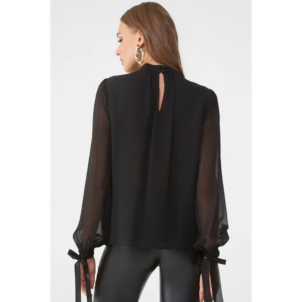 Forever 21 Chiffon Shirred Mock Neck Top black blouse - Image 2
