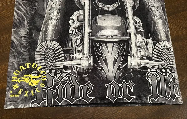 Huatulco Mexico Black Skull Motorcycle AOP Ride or Die Graphic Shirt-Men’s Med - Image 2