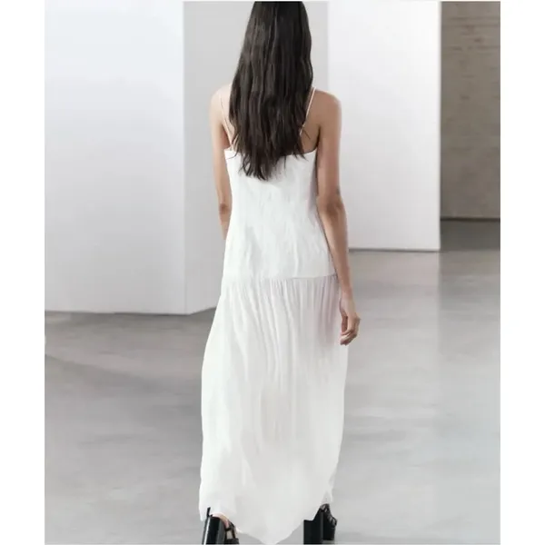 Zara ZW Collection Drop Waist MIDI Dress Oyster White Square Neck Minimalist XL - Image 2