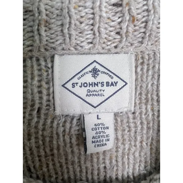 St Johns Bay Wm LG Cable Knit Sweater Tan Marl Button Shoulder Mock Neck Indie - Image 3
