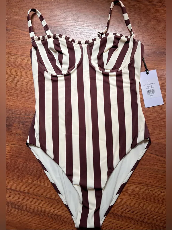 Onia Marilyn One Piece Swimsuit Brown Cream Stripe Underwire Bustier NWT $225 - Image 5