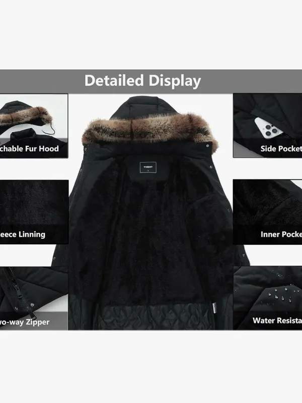 Women's Black Quilted Puffer Coat with Faux Fur Hood AP - Image 4
