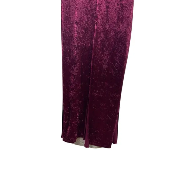 Crushed Velvet Maxi Dress Burgundy Deep VNeck Button Front Gold Sparkle Lining S - Image 5