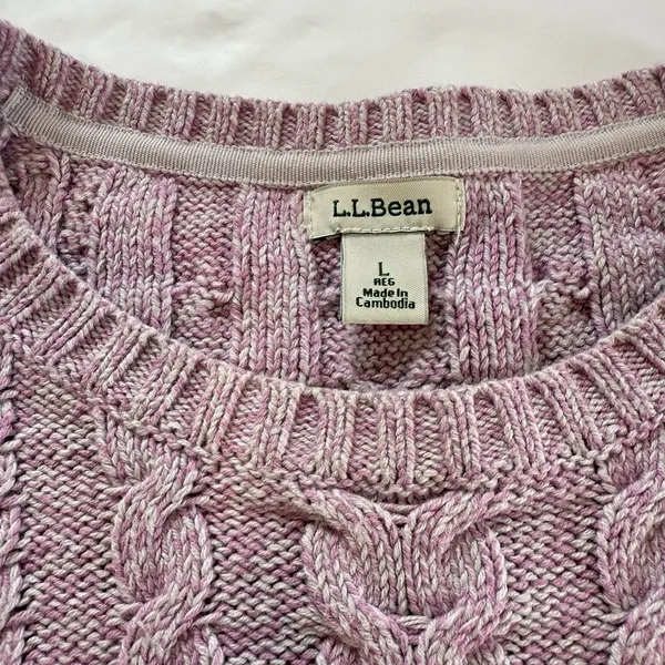 LL Bean Pink Marled‎ Double L Mixed Cable Crew Neck Pullover Sweater Size LARGE - Image 8