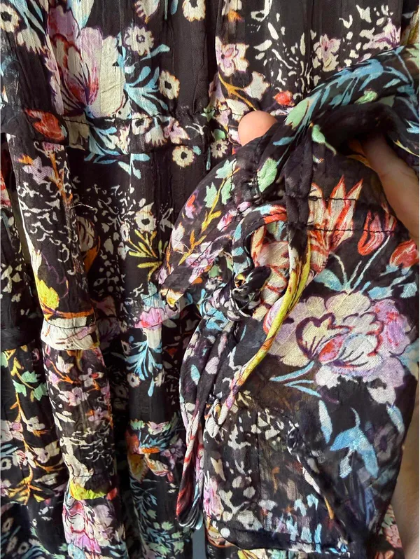 Free People Black Floral Long Sleeve Mini Dress with Tie Details - Image 3