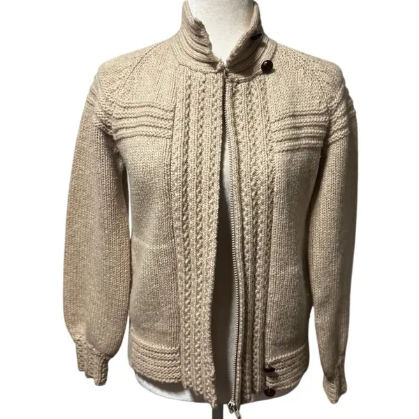 Vintage Peter G's General Stores Pure Wool Cable Knit Zip Cardigan Cream (PM) - Image 2