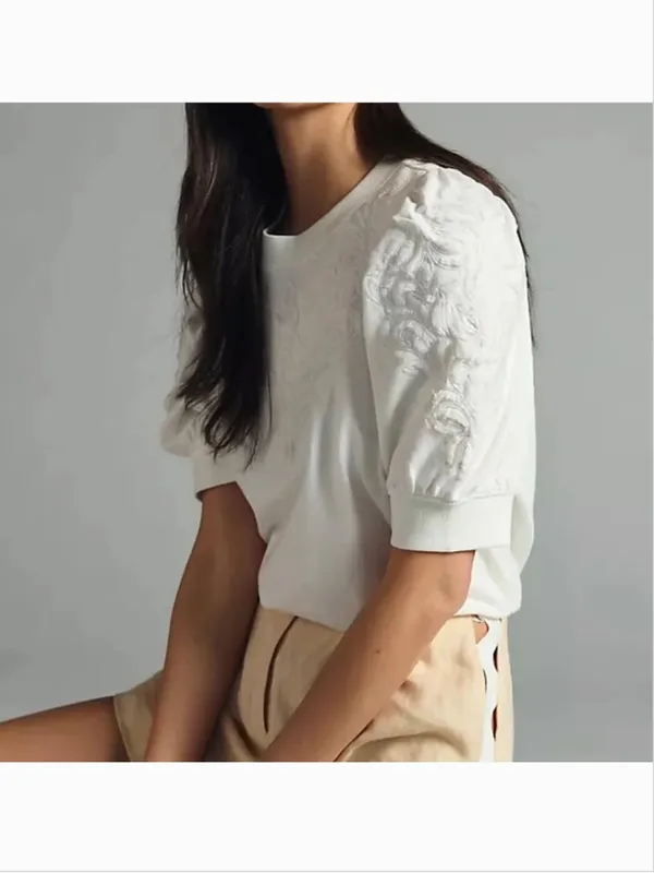 By Anthropologie Embroidered Puff Sleeve Sweatshirt in Ivory - Image 2