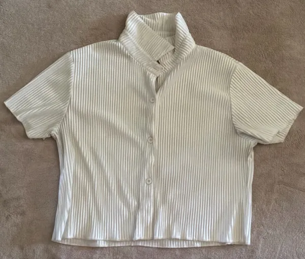 Lyaner Cream Pleated Short Sleeve Button Up Blouse White - Image 5