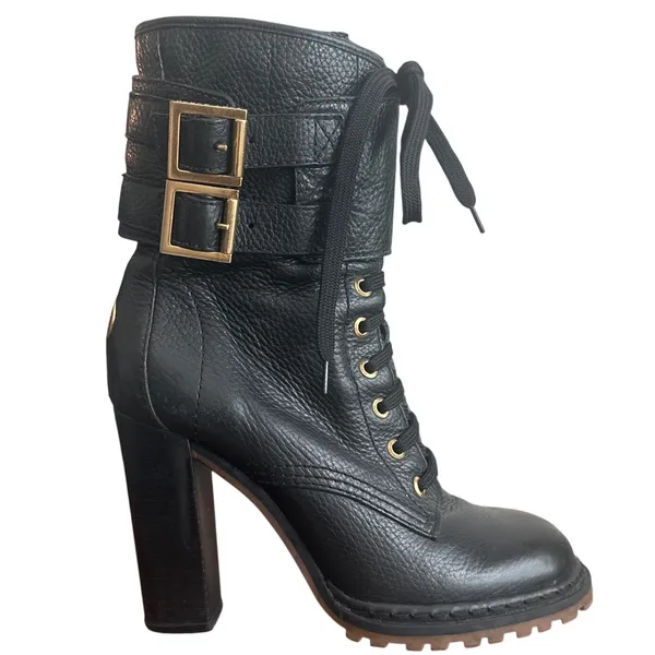 Tory Burch Combat Boots Black Leather Double Buckle Heeled Moto Size 9 - Image 2