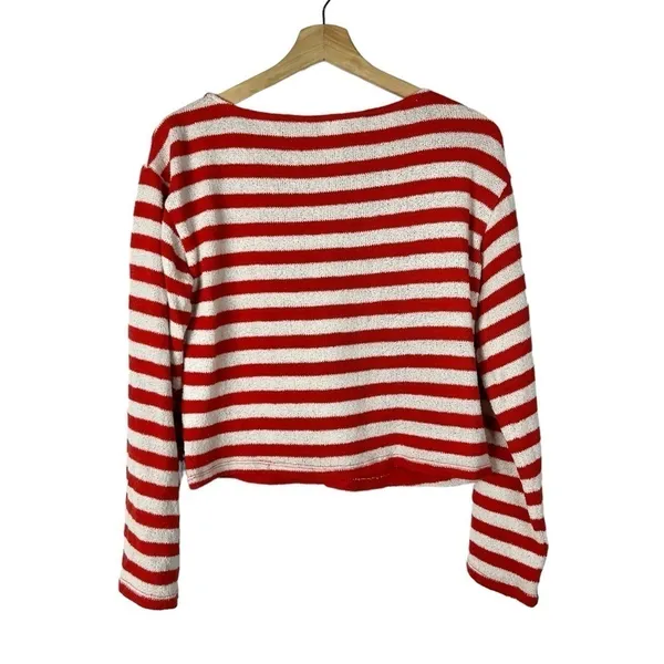 H&M Red & White Textured Knit‎ Striped Boxy Sweater XS - Image 2