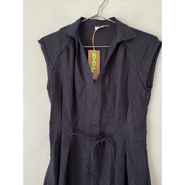 NWT OGL Viscose Linen Collared V-neck Midi Dress Drawstring Denim Navy Small - Image 5