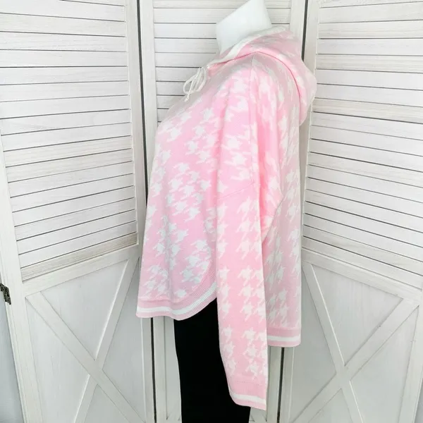 Crown & Ivy Houndstooth‎ Hooded Long Sleeve Poncho Sweater Pink White Large - Image 2