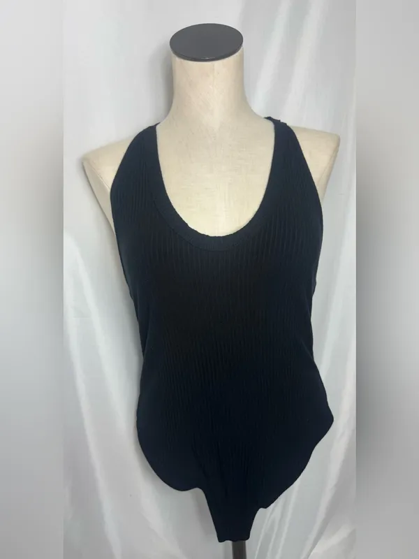 Free People intimates Black Ribbed racerback Bodysuit cozy gothic basic Large - Image 3