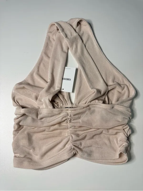 Forever 21 Beige Ruched Halter Cross-Back Crop Top - Image 8