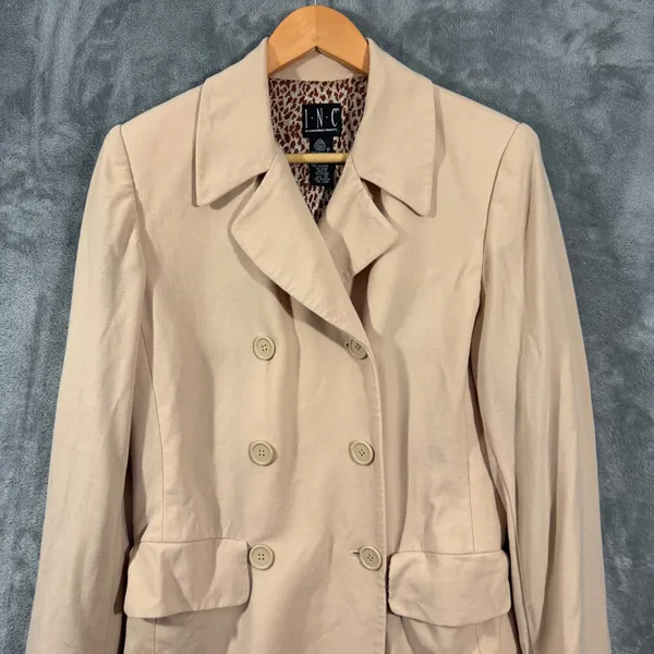 Vintage INC Beige Double Breasted Pure New Wool Trench Coat Size 10, Leopard - Image 10