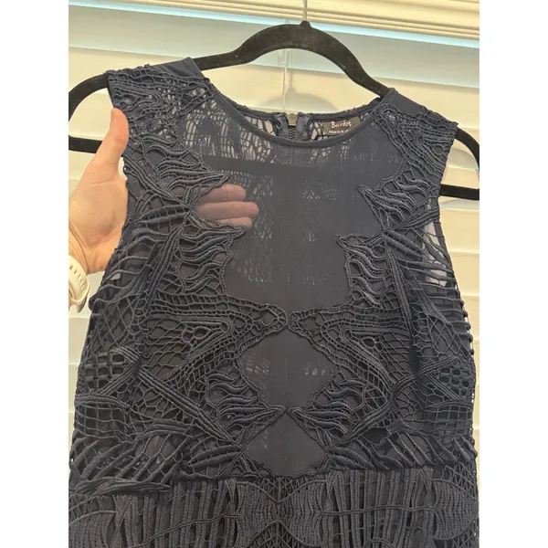 BARDOT‎ Lace Pencil Navy Blue Sexy Sheer Top Midi Dress Date Formal Sz 6 Small - Image 3