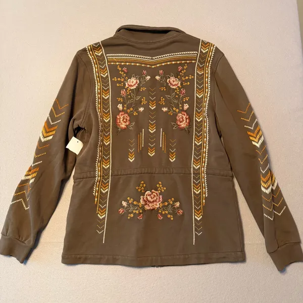 Driftwood Boho Floral Embroidered Zip Utility Jacket Green Womens Size S - Image 4