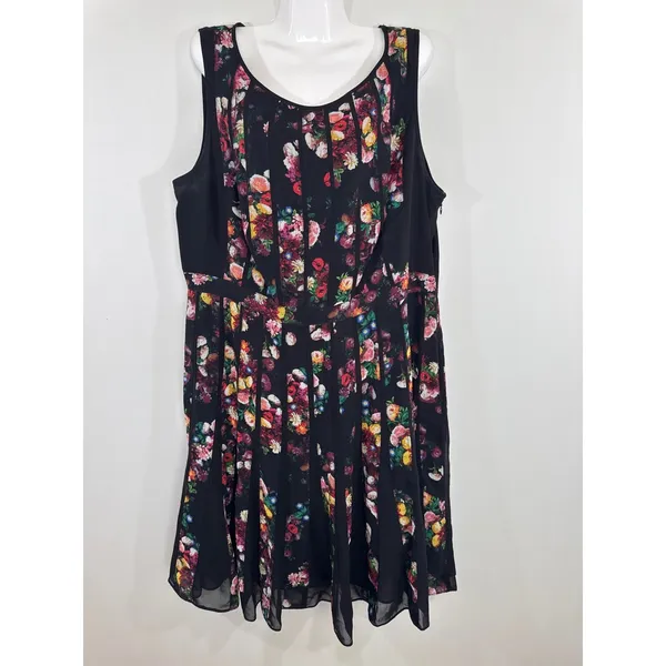 Adrianna Papell Black Floral Pleated Sleeveless Midi Dress Wedding Guest Size 14 - Image 2