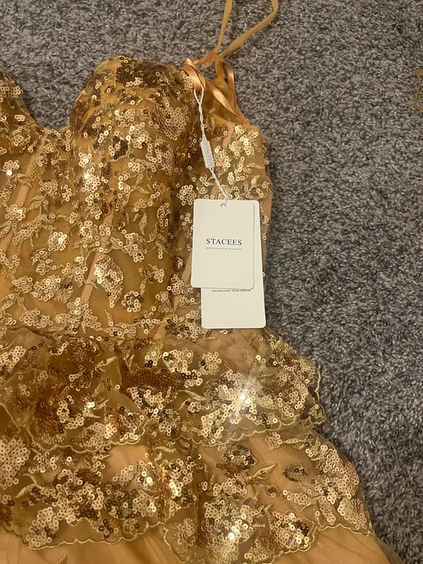 Stacees Shine in this elegant gold lace dress, perfect for any special occasion. The intricate lace detailing adds a touch of sophistication. - Image 5