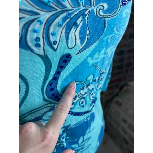 norm thompson top long sleeve leaves swirl blue beaded sequins - Image 3