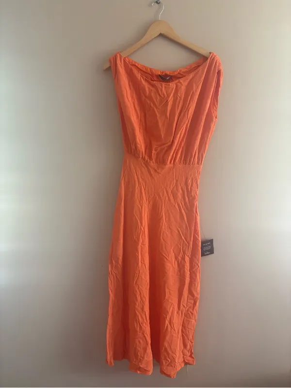 Lulus Casual Enchantment Orange Linen Off-the-Shoulder Midi Dress Size Medium - Image 4