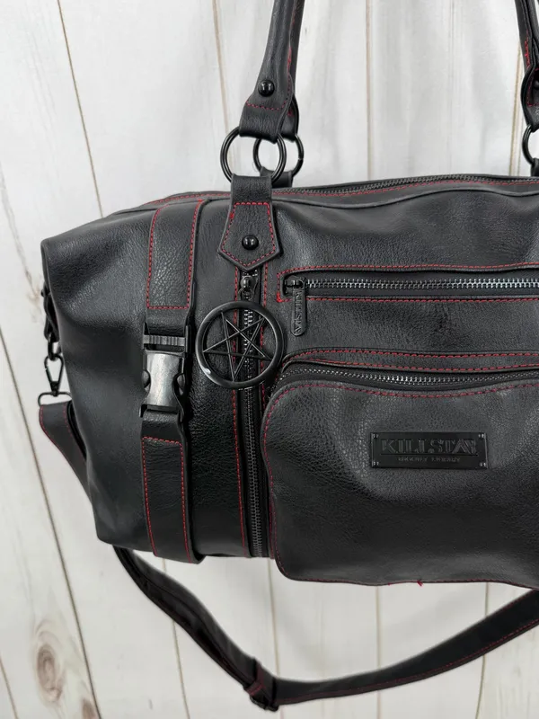Killstar Black Duffel Bag with Red Stitching and Pentagram Pulls - Image 2