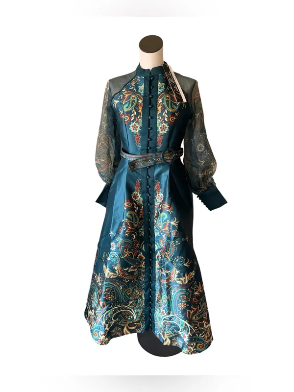 NWT DALIA MACPHEE Long Sleeve Mock Neck Printed Maxi Dress Small Belted Green - Image 5
