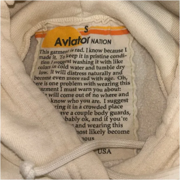 Aviator Nation Vintage White Cream Logo Drawstring Hoodie S - Image 3