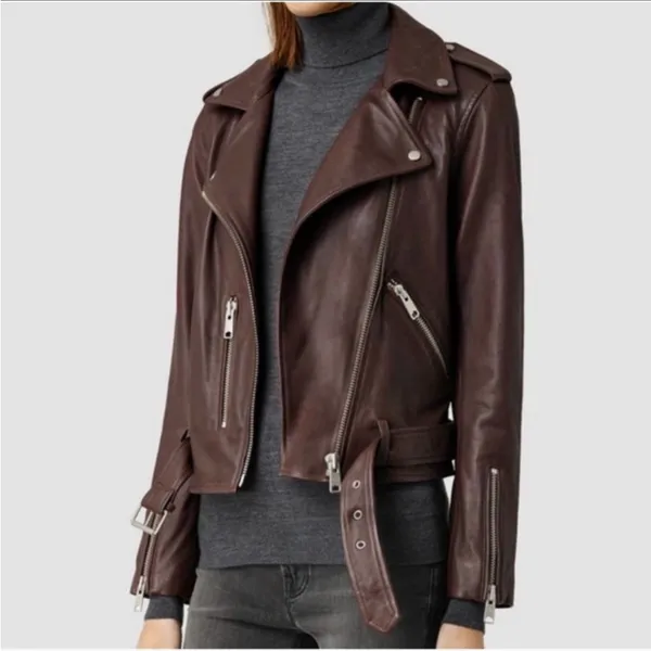 ALL SAINTS‎ Balfern Biker Jacket in Deep Berry Red Size 4 NWT - Image 2