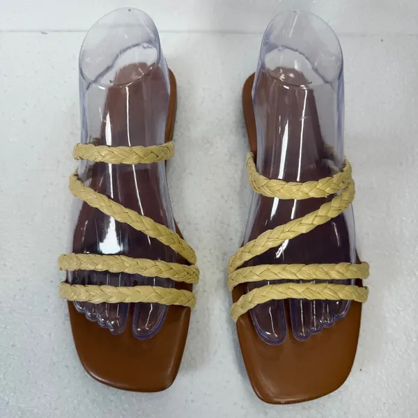 Crown & Ivy Bexley Raffia Flat Sandals Women's 8.5 Braided Straps Yellow Brown - Image 3