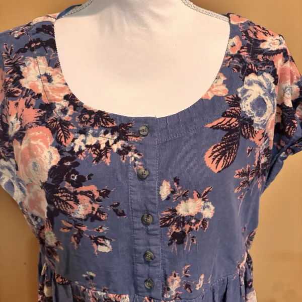 Free People Blue Floral Corduroy Babydoll Tunic Dress Button Front‎ Size Medium - Image 3