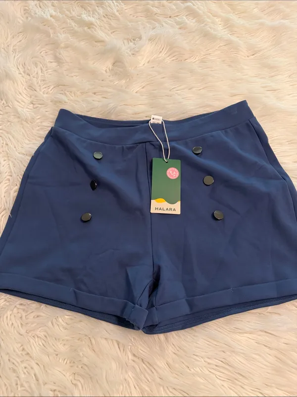 HALARA Blue High-Waist Double-Button Shorts size L more like M inseam 3” - Image 7