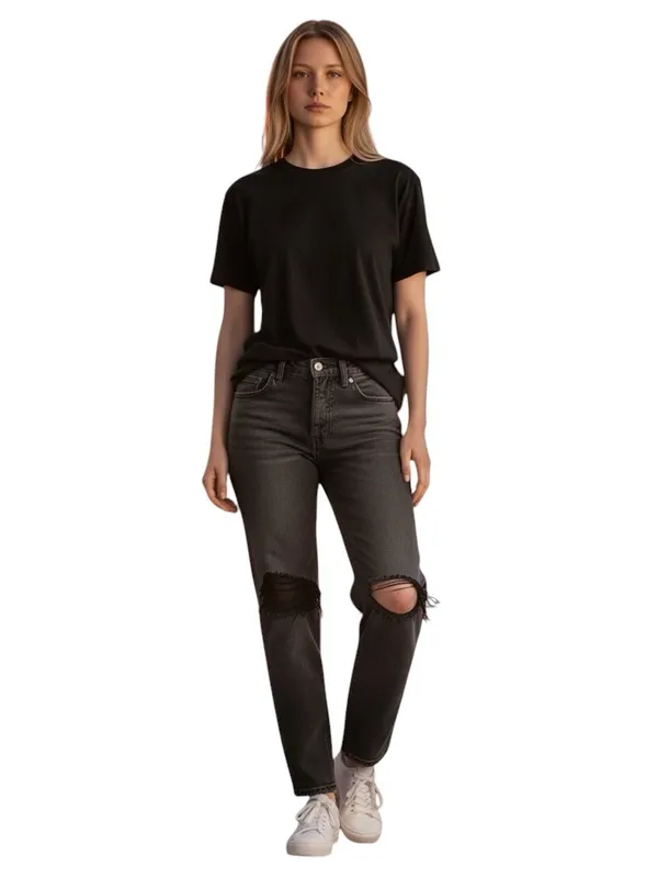 KanCan Women’s 7/27 Black Distressed High Rise Wide Leg Button Fly Denim Jeans - Image 3