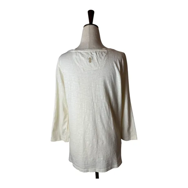 Tommy Bahama Shirt Women Small Ivory Cotton Sequins Floral‎ Tee Coastal Preppy - Image 3
