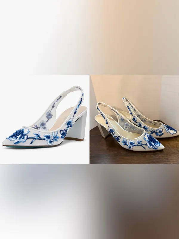 Betsey Johnson White Slingback Block Heels with Blue Floral Embroidery - Image 2