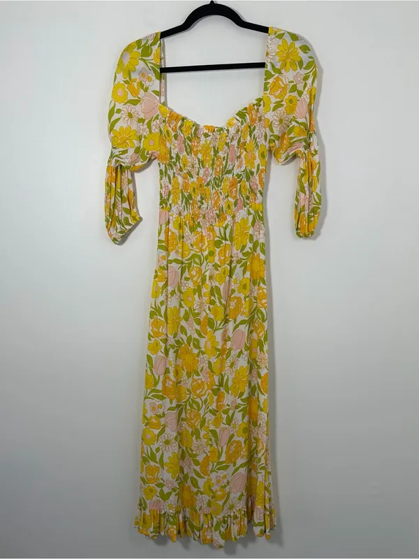 Faithfull The Brand Nora Midi Dress Jolene Floral Print XS Yellow Pink Green NWT - Image 4