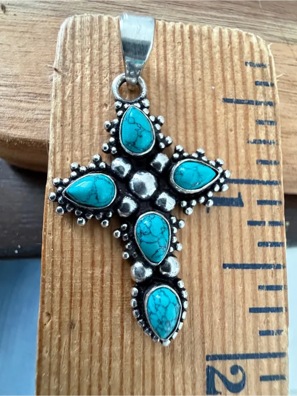 925 Sterling Silver Turquoise Cross Necklace Womens Jewelry Boho Western - Image 6